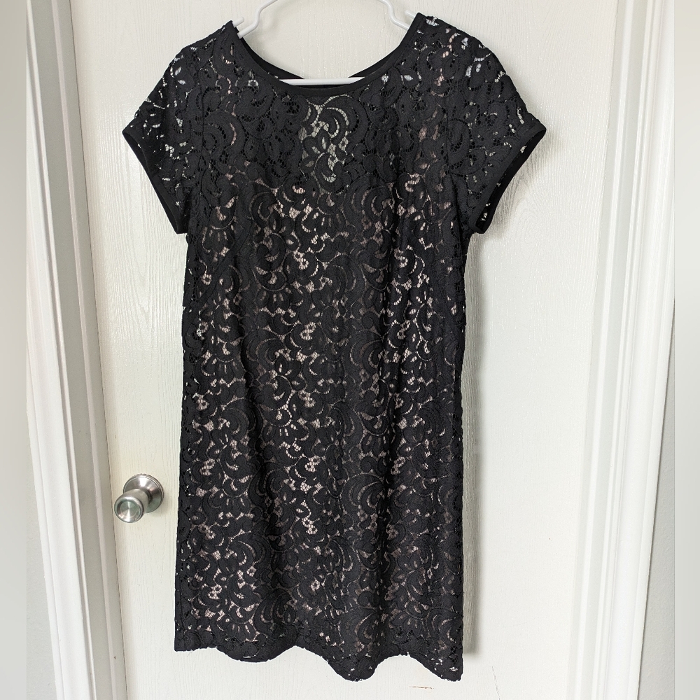 Loft Nude with Black Lace Overlay Dress Size 12